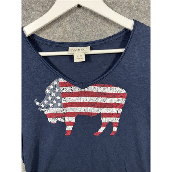 Ariat Shirt Womens XL Blue‎ Short Sleeve Crew Neck Cowgirl American Flag Bison - Picture 2 of 9